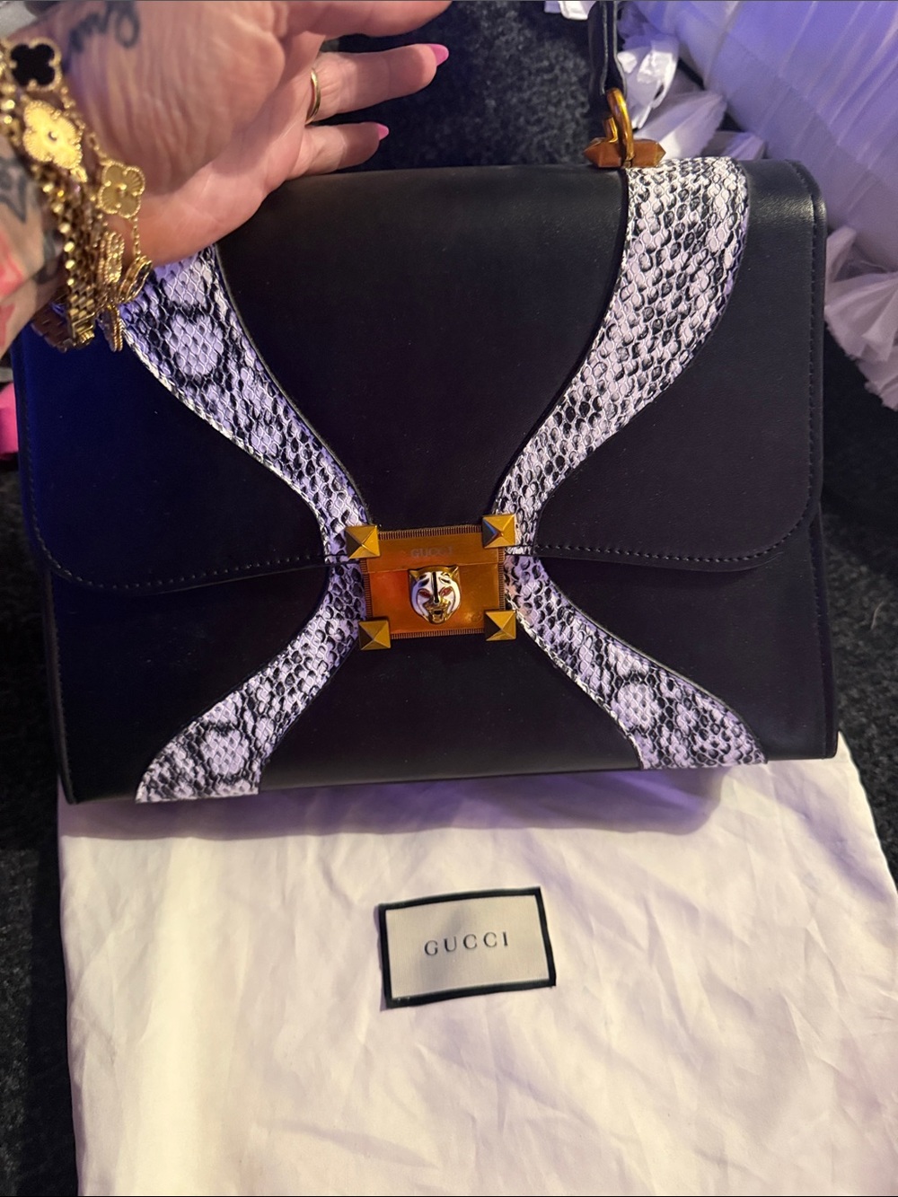 GG Black Leather Satchel with White Snakeskin-Pattern Accents